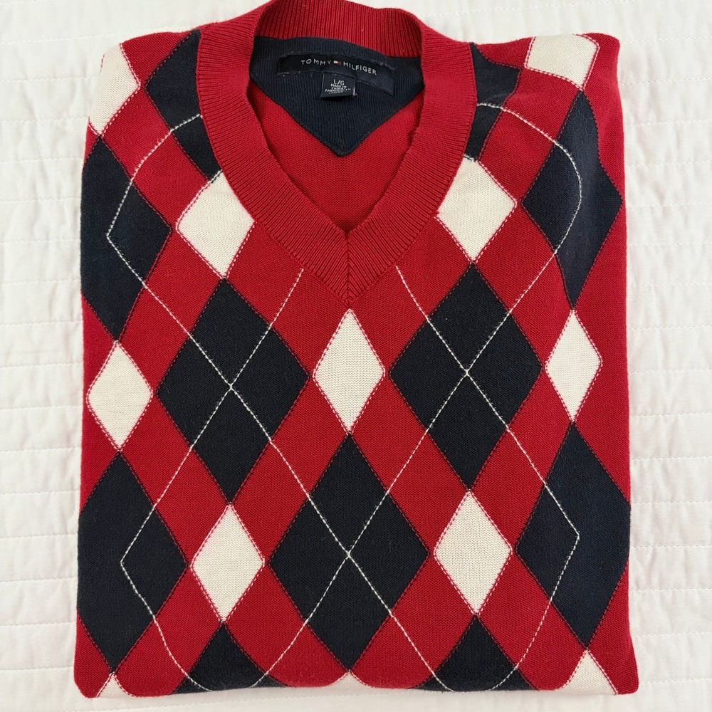 Tommy Hilfiger Red Argyle V-Neck 100% Cotton Long Sleeve Knit Sweater Mens Large